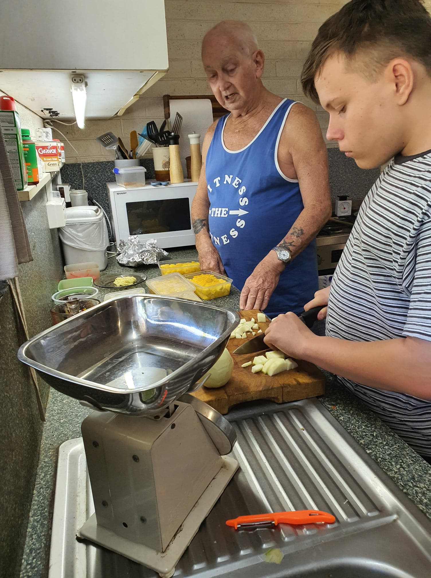 GrandDad and Grandson chopping apples